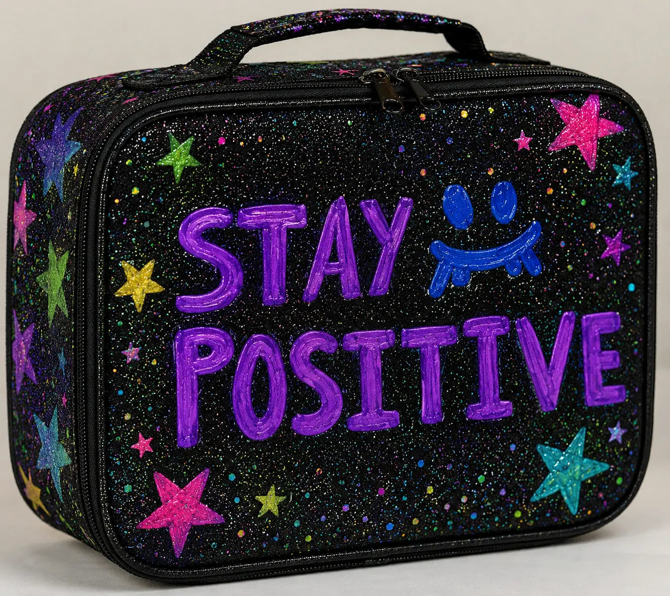 Stay positive apparel line lunchbox for girls, beautiful glitter design L&L toys
