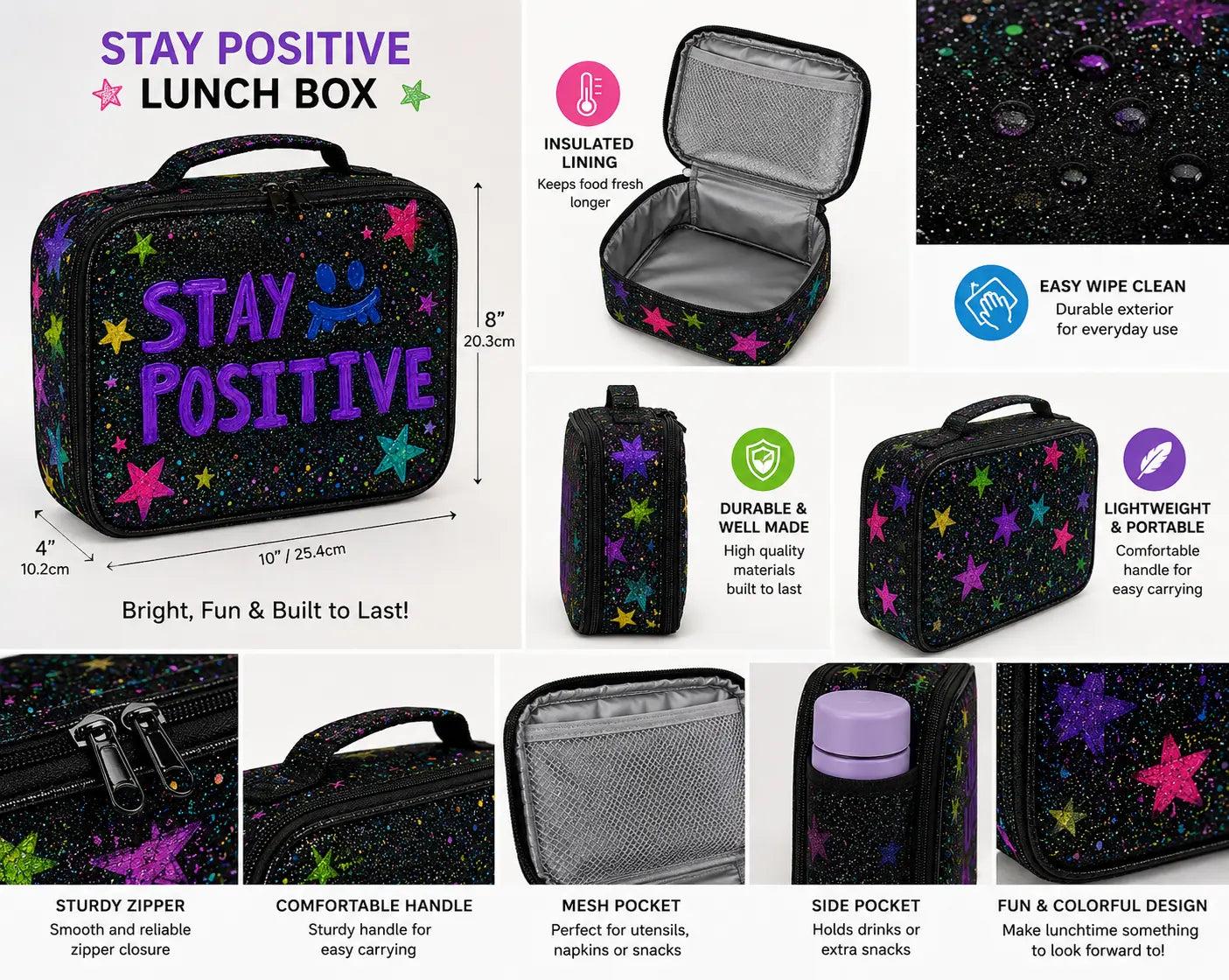 Stay positive apparel line lunchbox for girls, beautiful glitter design L&L toys
